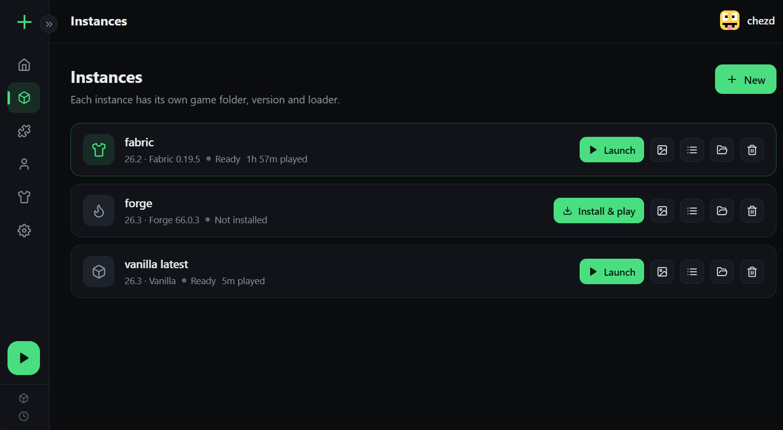 Crit Launcher's instances screen, showing a list of Minecraft instances